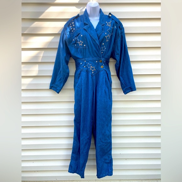 VTG | DENIM JUMPSUIT WITH BEAD EMBELLISHMENTS - Picture 1 of 5